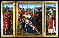 Lamentation with panels of Saint John and Saint Catherine, Master of the Legend of Saint Lucy, Oil on panel, c. 1490, Bequest of John R. Van Derlip in Memory of Ethel Morrison Van Derlip